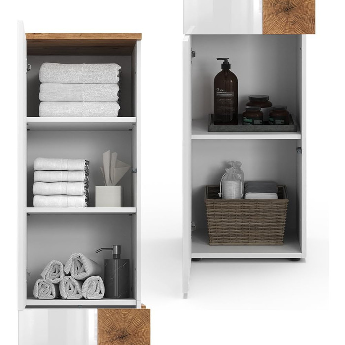Високий шафа для ванної Vicco Eden, білий глянець/дуб Артизан, 40x184,2 см, 2 двері, шухляда