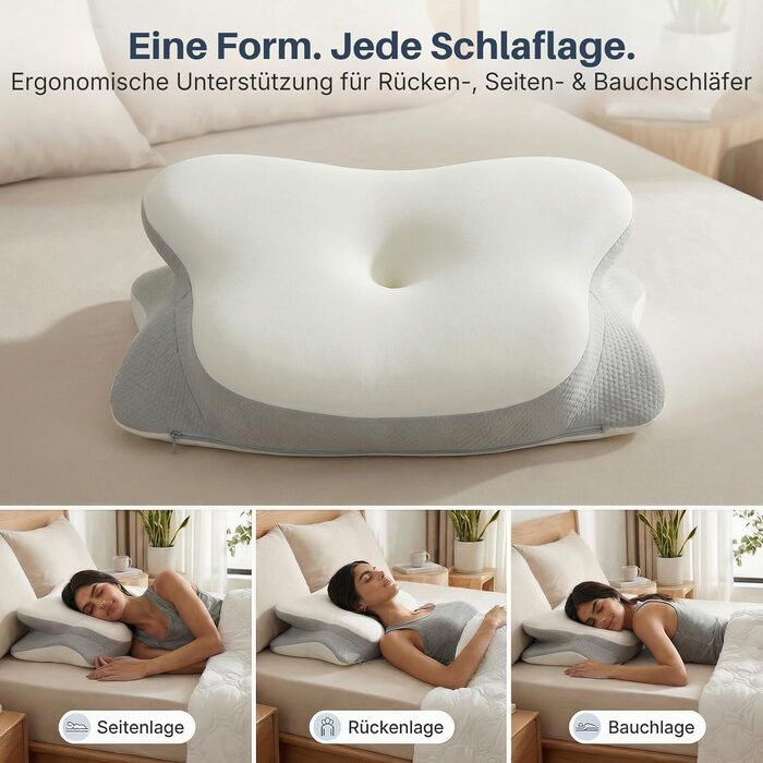 Ортопедична подушка для сну з ефектом пам'яті для шиї та спини - Ergonomisches Kissen - Сіра/Біла, з 2 наволочками, регульована висота, сертифікована, при болях у шиї