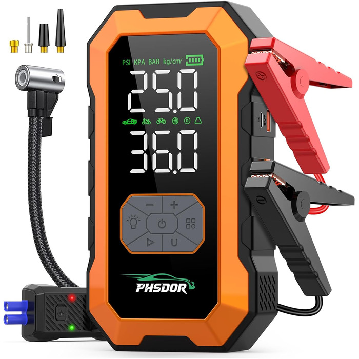 Пусковий пристрій (бустер) для авто 8000A з компресором 150 PSI та Powerbank 25000mAh, для бензинових та дизельних двигунів до 10.0л, з LED-ліхтарем, помаранчевий
