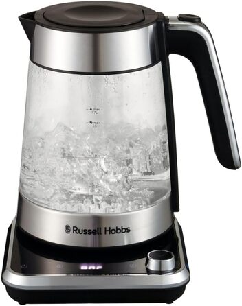 Скляний електрочайник Russell Hobbs Attentiv 26200-70 з регулюванням температури (40-100°C), ситом для чаю, цифровим керуванням та функцією підігріву, 1.7л, 2400Вт, нержавіюча сталь