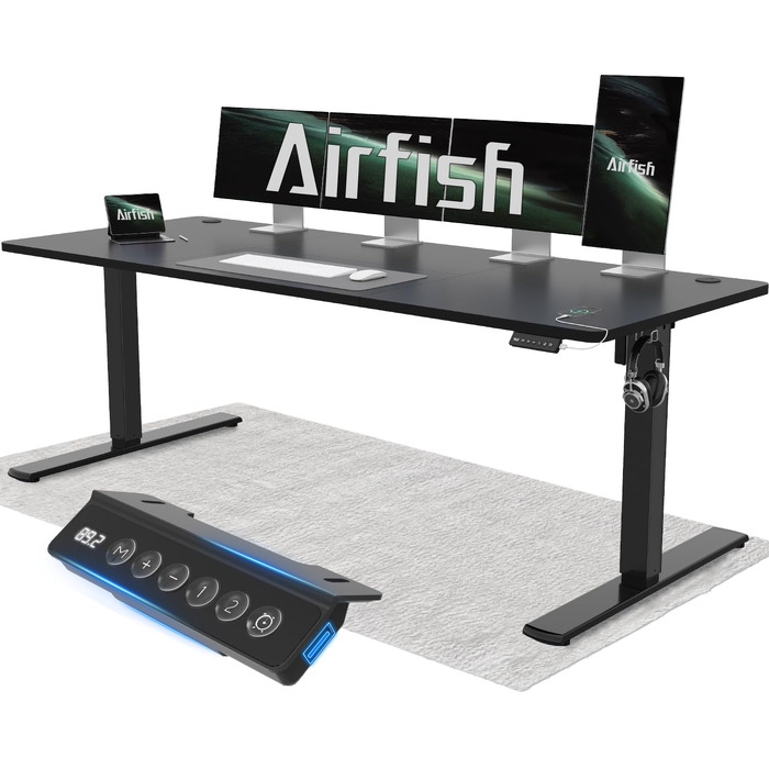 Електричний підйомний стіл Airfish 200x80 см з пам'яттю та USB-портом, регульований письмовий стіл (73-118 см), чорний