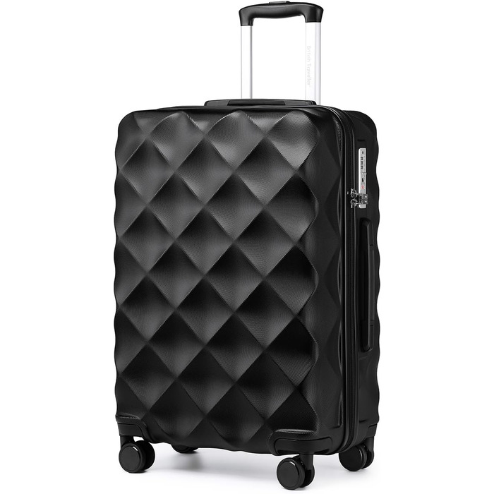 Валіза British Traveller XL, жорсткий корпус, 74.5×49×30.5 см, чорна, ABS+PC, з TSA-замком, велика дорожня валіза на колесах для подорожей