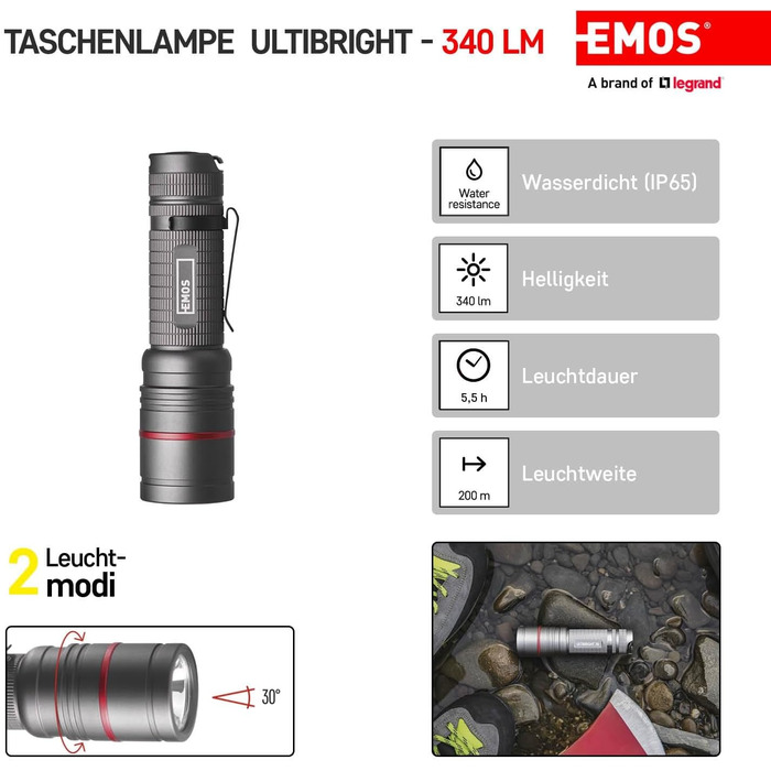 Ліхтарик EMOS Ultibright 70 CREE LED металевий, з фокусуванням, 2 режими світла, ударостійкий, водонепроникний IP65, 340 лм, до 200 м, із кліпсою та ручкою, для дому й вулиці, сірий