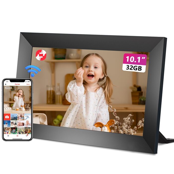 Цифровий фоторамка 10.1 дюйма з Wi-Fi, IPS-екраном та 32GB пам'яті | Frameo App, дистанційне керування зі смартфона, календар, погода
