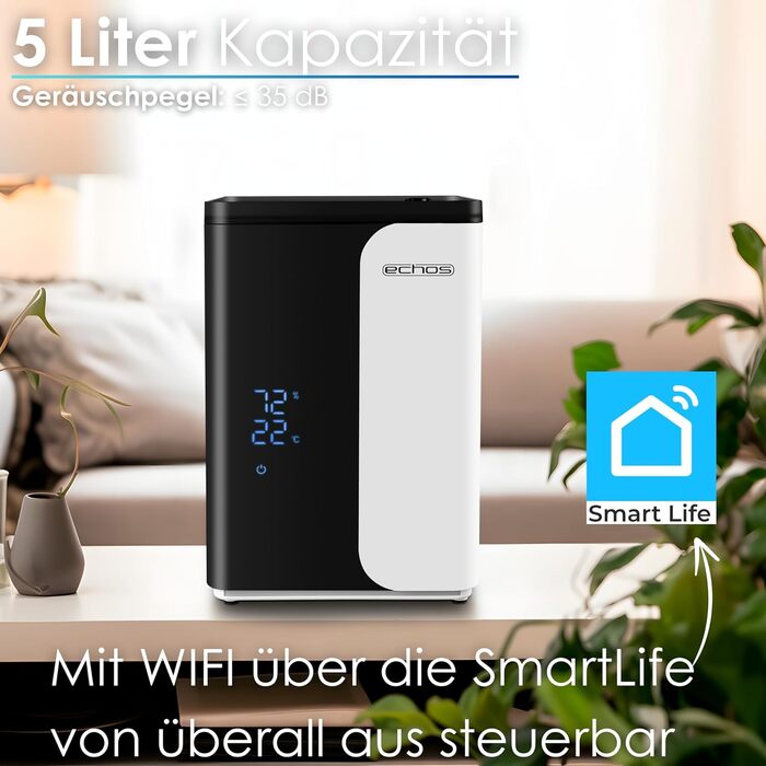 Ультразвуковий зволожувач повітря 5 л з WiFi Smart Life, HEPA-фільтром, гігрометром та LED-дисплеєм, функція підігріву (теплий/холодний пар), таймер 12г, нічний режим