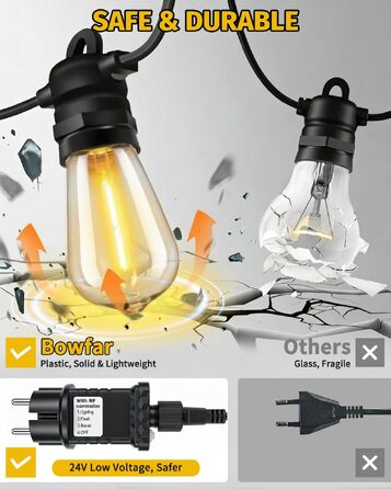 Гірлянда вулична LED Bowfar G40, 48 ламп, 10м, IP68, диммер, пульт, для саду, тераси, вечірки