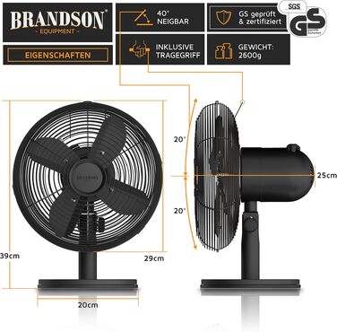 Вентилятор настільний Brandson мідний, 3 швидкості, з коливанням 80°, металевий корпус, чорний матовий