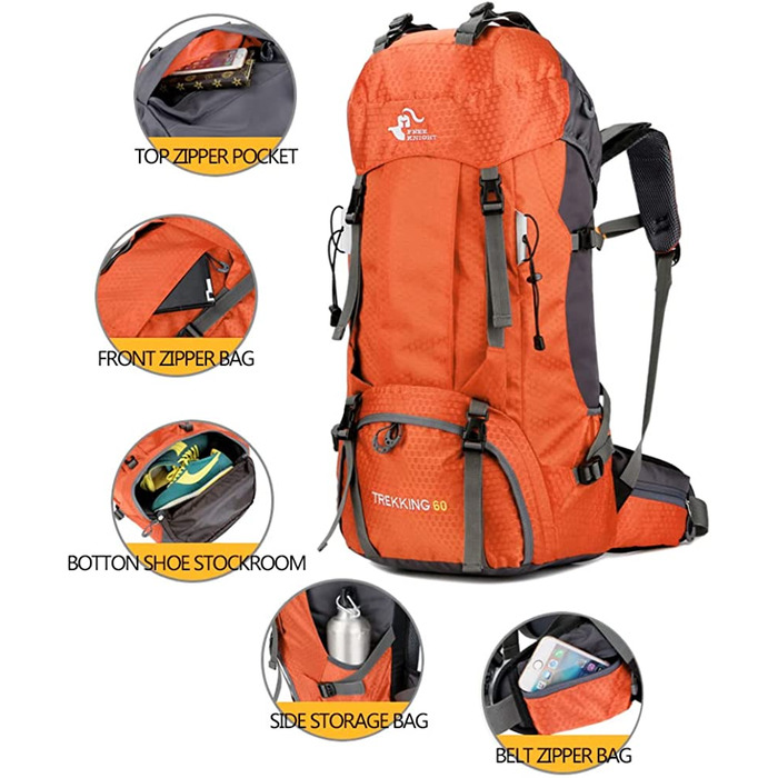 Bseash водонепроникний туристичний рюкзак 60 л з чохлом від дощу, легкий багатофункціональний рюкзак для походів, кемпінгу, подорожей, скелелазіння, помаранчевий