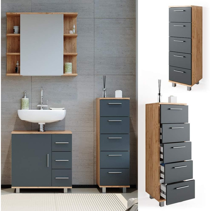 Шафа для ванної Vicco Ilias, дуб/антрацит, 30x95 см, Goldkraft