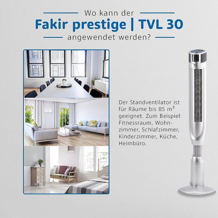 Турмовентилятор Fakir Prestige TVL 30 з пультом, 3 режими, 8 швидкостей, 360° осциляція, таймер, LED-дисплей, 40 Вт, сріблястий, тихий