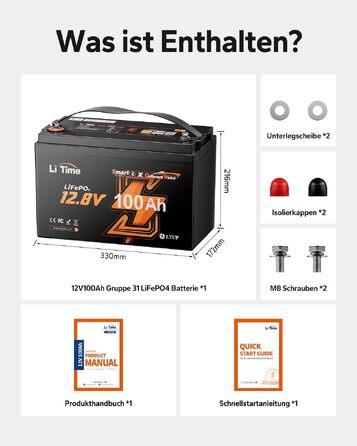 LiFePO4 акумулятор LiTime 12V 100Ah з Bluetooth для кемпінгу, житлових будинків та електромоторів човнів
