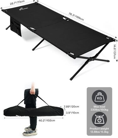 Розкладне польове ліжко Sportneer 199x73 см для кемпінгу, оновлена версія, гостьове ліжко XXL для намету, походів, подорожей, пляжу та саду