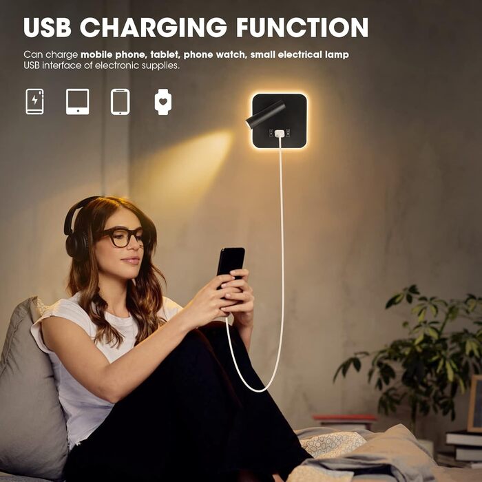 Комплект з 2 LED настінних світильників для інтер’єру з вимикачем і USB, 12W, 360° поворот, сучасна настінна лампа 3000K тепле біле світло для спальні та вітальні
