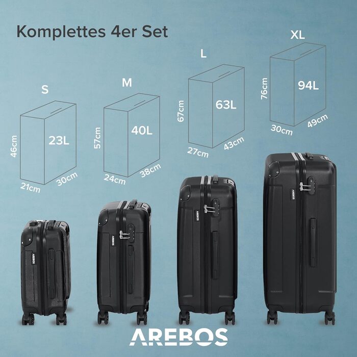 Набір валіз Arebos 4 шт. з ABS-пластику, жорсткий корпус, телескопічна ручка, кодовий замок, 360° колеса, розміри S-M-L-XL, чорний