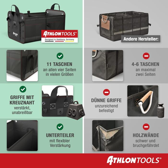 Органайзер у багажник ATHLON TOOLS Premium з кришкою, 60 літрів, чорний з червоним прошиттям