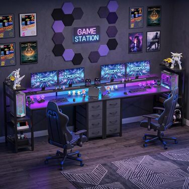 Ігровий стіл APICIZON 150 см з поличкою, підставкою під монітор та RGB-підсвіткою, чорний. Комп'ютерний стіл з USB, тримачем для навушників та підставки для чашки, карбоновий дизайн