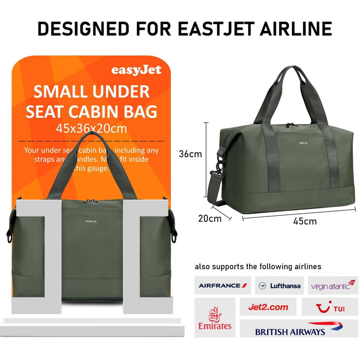 ECOHUB дорожня сумка 30 л, ручна поклажа 45x36x20 см для Easyjet, складна спортивна сумка з відділенням для вологих речей, для жінок і чоловіків, зелена