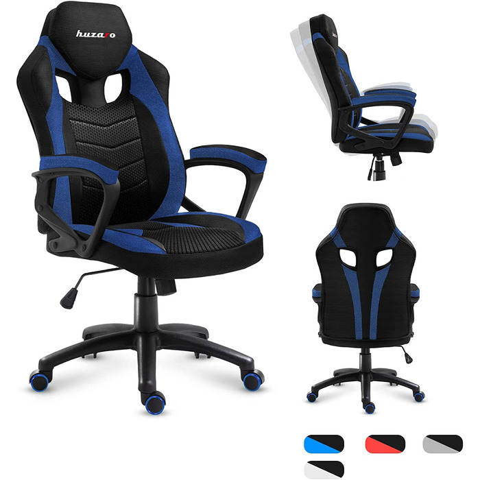 Геймерське крісло Huzaro Force 2.5 Blue Mesh, ергономічне, тканинне, чорне-синє, для комп'ютера, офісу, з регулюванням висоти та гойдалкою, навантаження до 140 кг