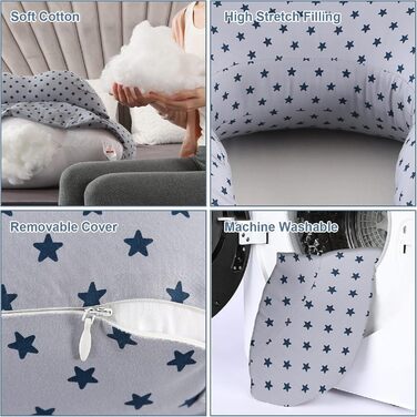 Подушка для годування SHANNA XXL, багатофункціональна, для грудного вигодовування та пляшечки, знімний чохол з 100% бавовни, регульований пояс, сіро-білі зірки