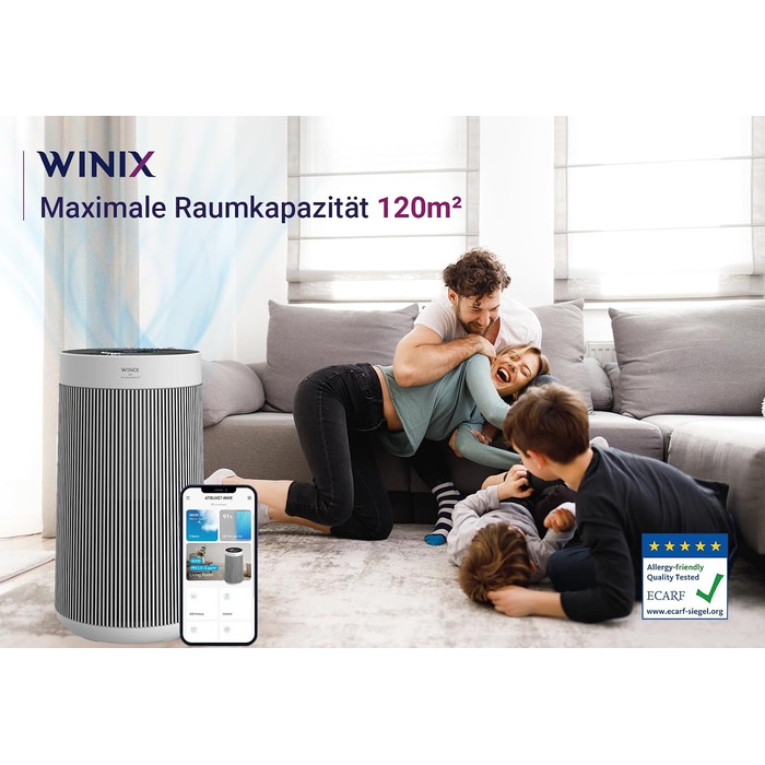 Очищувач повітря Winix T800 з HEPA-фільтром, керуванням через Alexa та додаток, для площі до 120м², CADR 390 м³/год, від алергенів, пилу та шерсті тварин