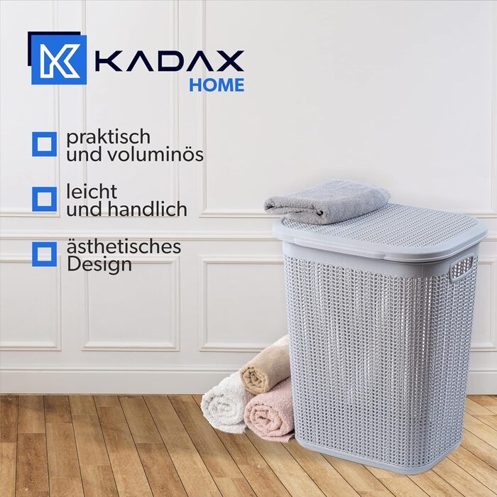 KADAX кошик для білизни 50 л з кришкою, пластиковий, багатофункціональний органайзер для брудної білизни, іграшок, сірий