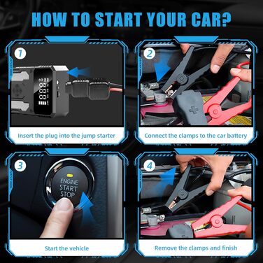 Пусковий пристрій для авто (бустер) з компресором 6000A, портативний Jump Starter Powerbank з LED-ліхтарем та дисплеєм, жовто-чорний