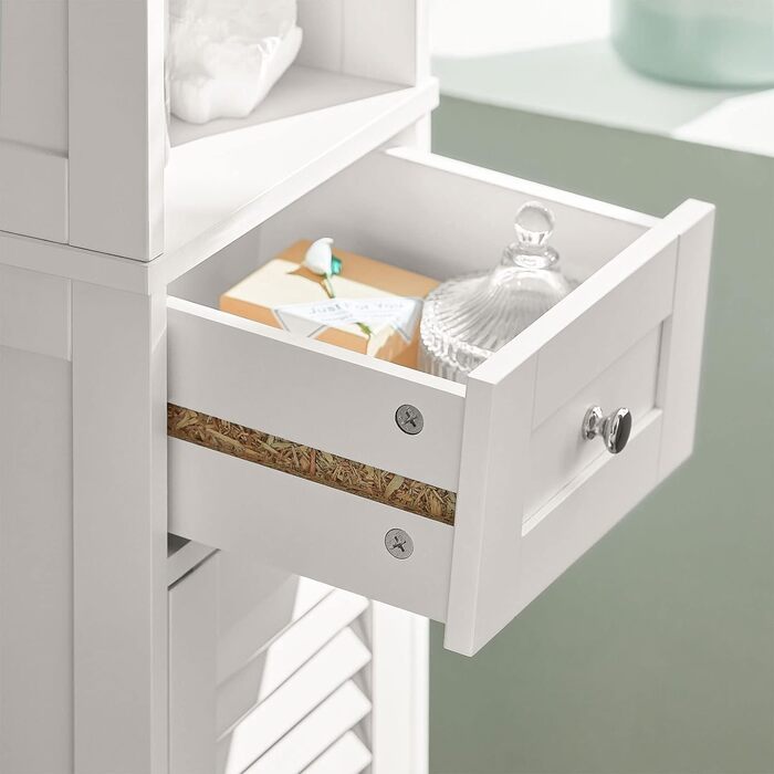 SoBuy FRG236-W Високий шафа для ванної кімнати, білий, 32x170x30 см, з відкритою полицею, шухлядою та дверцятами