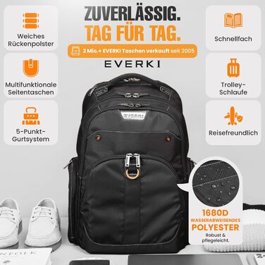 Бізнес-рюкзак для ноутбука Everki Atlas 32L (13–17.3 дюймів), ергономічний дорожній рюкзак з регульованим відділенням, чорний