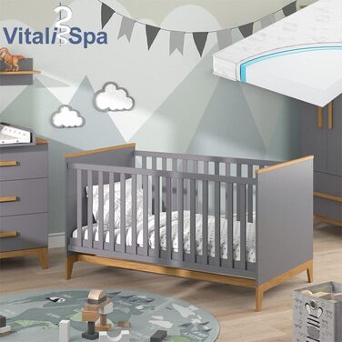 Дитяче ліжечко VitaliSpa Malia 70x140 см, сіре/дуб, з матрацом