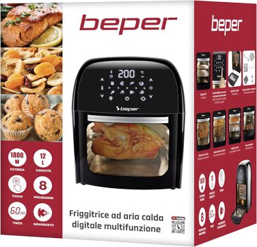 Аерофритюрниця BEPER P101FRI012 цифрова, 12 л, 1800 Вт, гриль, тостер, сушарка, 8 програм, сенсорна панель, аксесуари, чорна