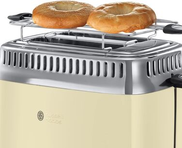 Тостер Russell Hobbs Retro 21680-56 нержавіюча сталь, 2 відділення, кремовий. З підставкою для булочок, 6 режимів, розморожування та підігрів, 1300 Вт