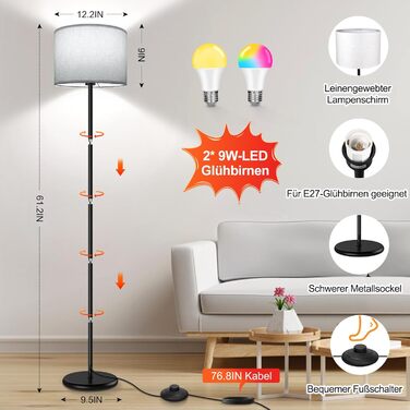 LED торшер димований RGB 156 см для вітальні, управління через додаток, сумісний з Alexa/Google Assistant, 16 млн кольорів, DIY-режим, музичний режим, WiFi лампа E27