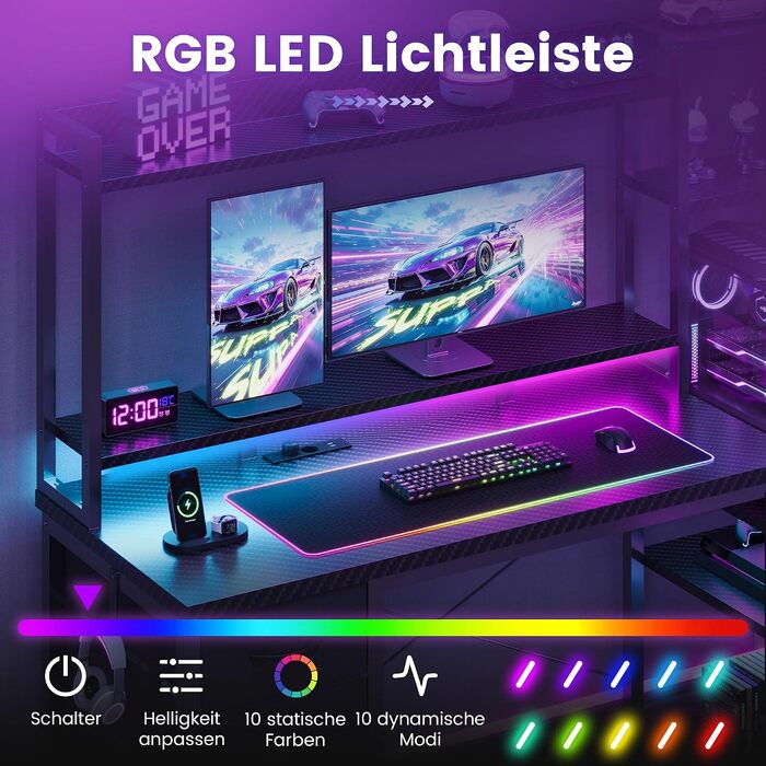 Ігровий стіл YOUDENOVA з шухлядами та полицями, 130x48 см, з LED-підсвіткою, розеткою та USB, комп'ютерний стіл з підставкою для монітора та тримачем для навушників, вуглецеве волокно, чорний