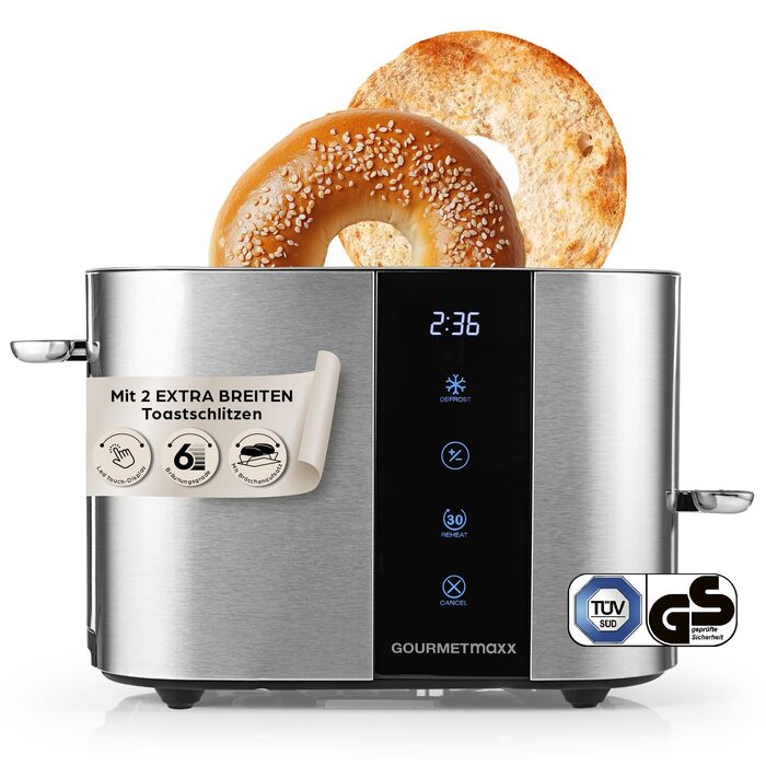 Тостер GOURMETmaxx для 2 скибок, антрацит: електричний тостер з 6 режимами підсмажування, таймером, підставкою для булочок та функцією підігріву (нержавіюча сталь)