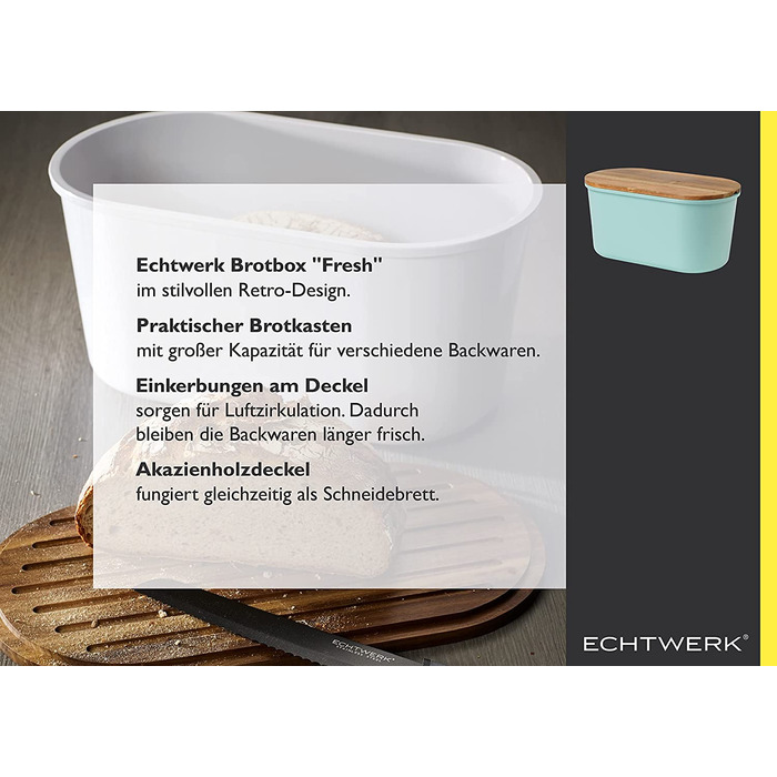 Хлібниця ECHTWERK FRESH з кришкою та дошкою з акації, бірюзова, 37x22x17 см, для 1 кг хліба