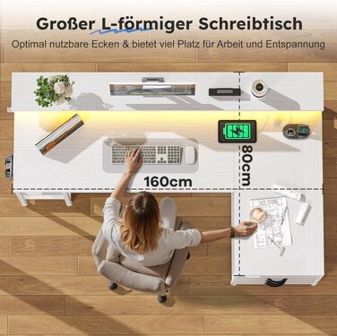 Ігровий стіл L-подібний з LED, 3 ящики, USB-порт, розетка, білий 160x80 см - для дому та геймінгу