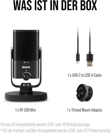 RØDE NT-USB Mini конденсаторний USB-мікрофон студійної якості з кабелем SC17 USB-C (1,5 м) — для подкастингу, стрімінгу, ігор, вокалу та інструментів, сумісний з Android і Mac