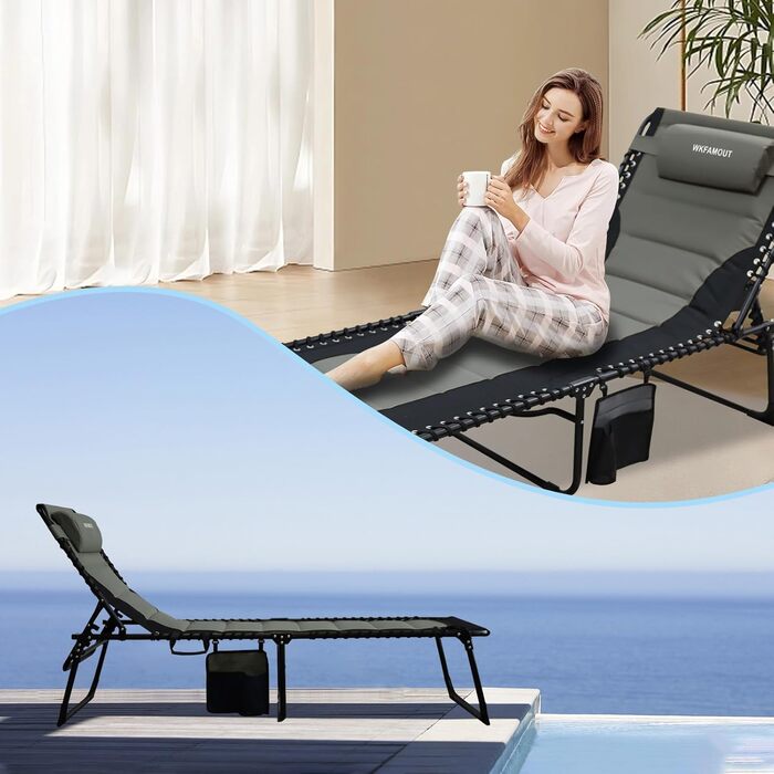 Велике розкладне шезлонге для саду: Outdoor, XXL, 5 положень спинки, до 150 кг, з подушкою та кишенею, 200x68 см, сірий