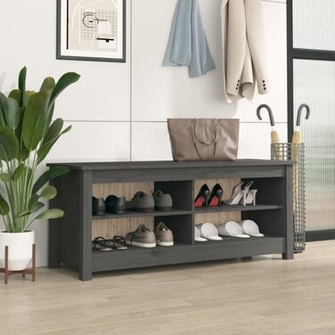 vidaXL Лавка для взуття з полицею, сіра, масив сосни, 110x38x45,5 см – банкетка у передпокій з великим місцем для зберігання
