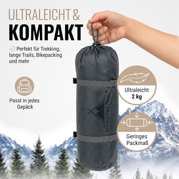 Ультралегкий намет для трекінгу та кемпінгу WANDERFALKE® Trail на 1-2 особи, водонепроникний (4000 мм), компактний намет для байкпакінгу та подорожей, Polar Blue, TRAIL 2