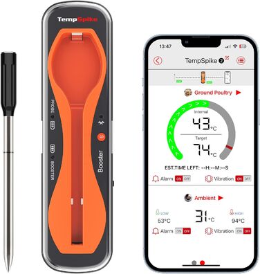 Бездротовий Bluetooth термометр для м'яса ThermoPro TempSpike, 150 м, IP67, для гриля, духовки, коптильні, фритюрниці, безпечний для посудомийки, помаранчевий