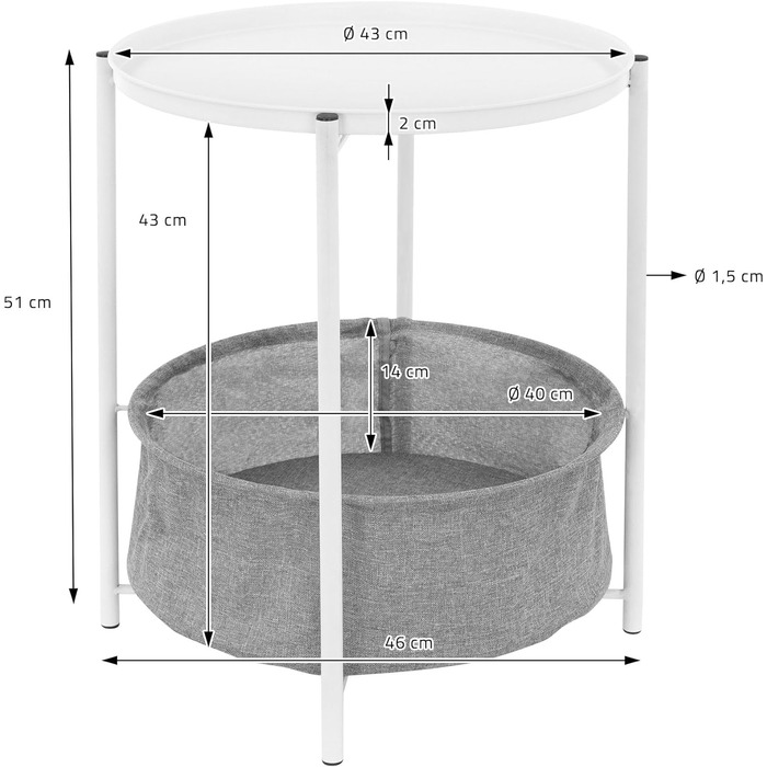 Круглий металевий столик ML-Design Ø46x51 см, білий, з текстильним кошиком та знімною стільницею, сучасний журнальний стіл для вітальні або спальні