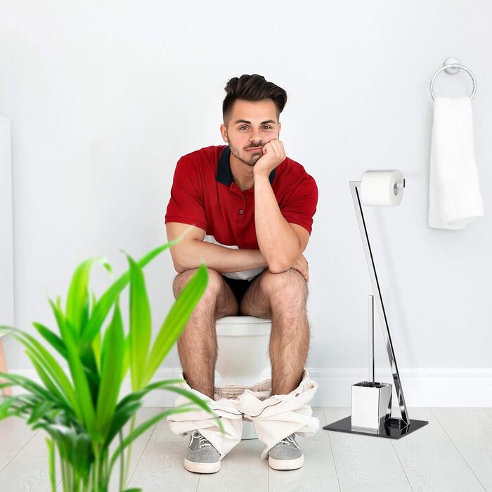 WC гарнітура Relaxdays GLASS 77x25x25 см, тримач для туалетного паперу та щітка, скло і метал, стійка, сріблясто-чорна, для ванної кімнати
