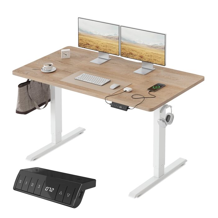 Електричний регульований стіл FEZIBO з USB-A/USB-C, 140x70 см, дуб. Ергономічний стіл для дому/офісу, стоячи-сидячий стіл