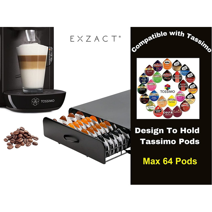 Шухляда для капсул Exzact, сумісна з Tassimo, на 64 кавові капсули – органайзер/тримач для кавових капсул та підставка під кавоварку 2-в-1
