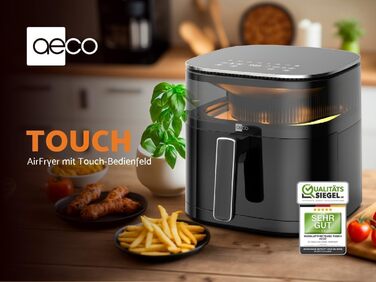 Аерофритюрниця aeco TOUCH 5,7 л з підсвіченим оглядовим вікном 270°, цифровим сенсорним дисплеєм, 1700 Вт, регулювання температури 80–200°C, 8 програм, з рецептурником