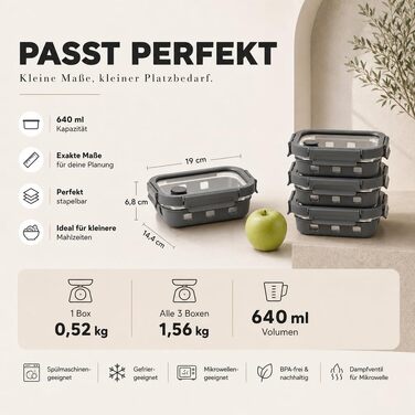 Набір контейнерів для їжі Meal Prep Tabarca (3 шт), 640-1520 мл, зі скляною кришкою, герметичні
