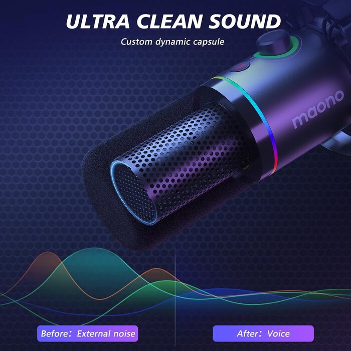 MAONO PD200XS Динамічний XLR/USB мікрофон з RGB підсвіткою, комплект із тримачем, програмним забезпеченням, кнопкою вимкнення звуку та регулятором гучності для подкастів, стрімінгу, запису, геймінгу, ПК, Mac, PS4/5, мікшер, чорний