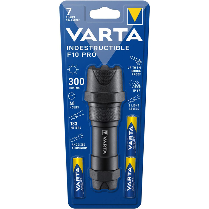 Ліхтарик VARTA Indestructible F10 Pro LED 6 Вт з 3 батарейками AAA, водо- та пилозахищений, ударостійкий, робочий ліхтар з двома режимами освітлення