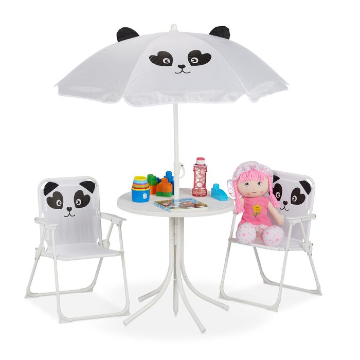 Дитячий садовий набір Relaxdays Panda: стіл, 2 стільчики та парасолька для пікніка - білий